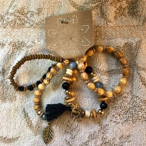 Gorgeous Wood Beads, Stones, Elephant & Leaf Charms Set of 4 Bracelets